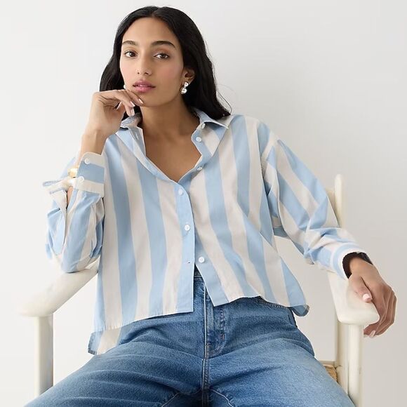 J Crew Relaxed Fit Cropped Shirt in Barlow Stripe NWT - Picture 2 of 5
